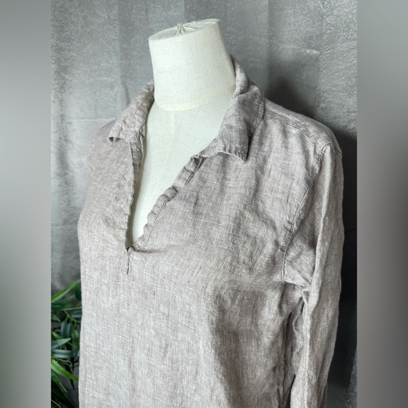 NEW TAHARI Women’s Linen Long Sleeve Collared Tunic Top in Taupe Sz M - Picture 2 of 9